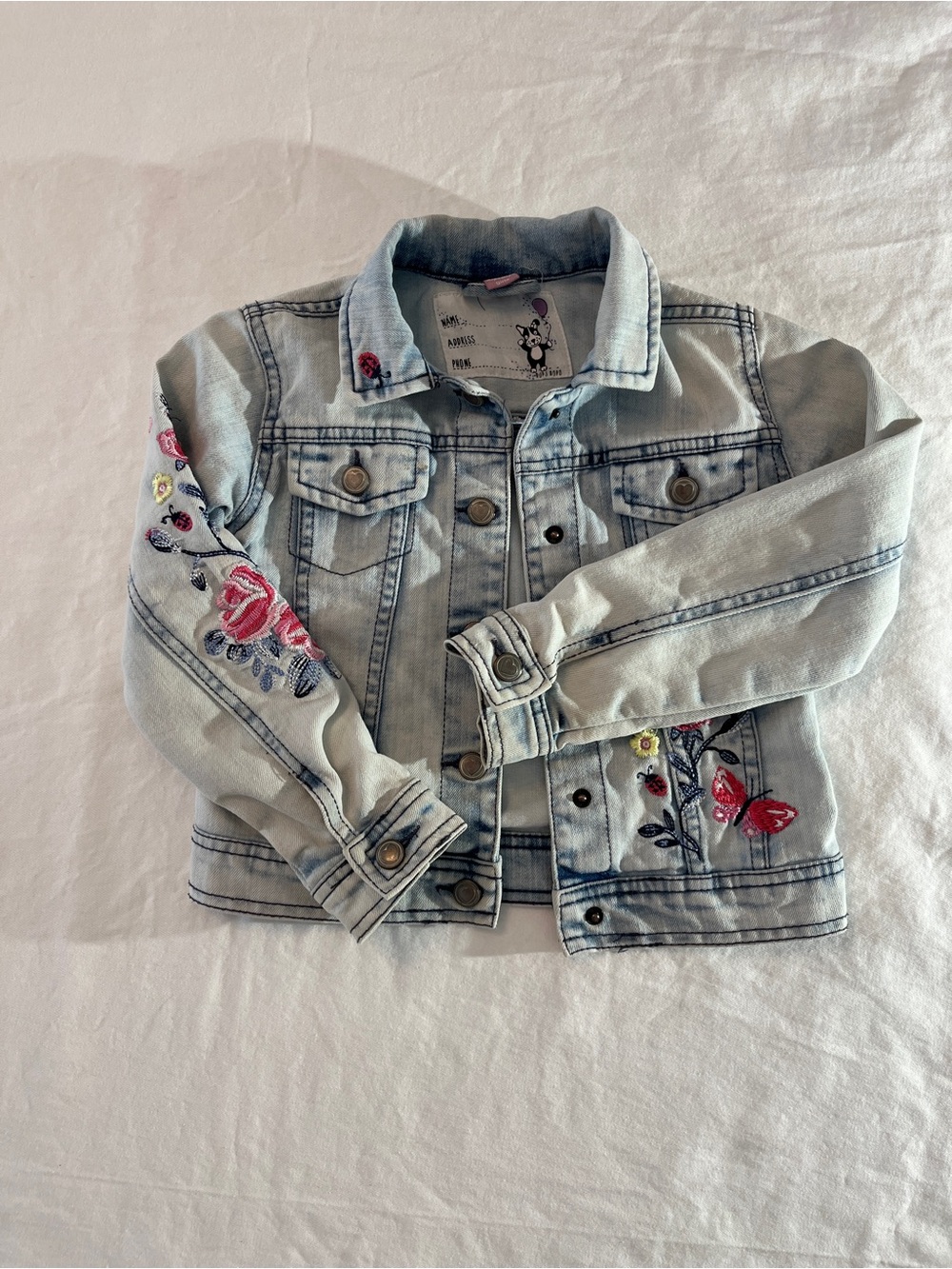 Kids size 5-6 Light Wash Denim Jacket with Floral Embroidery - Kids